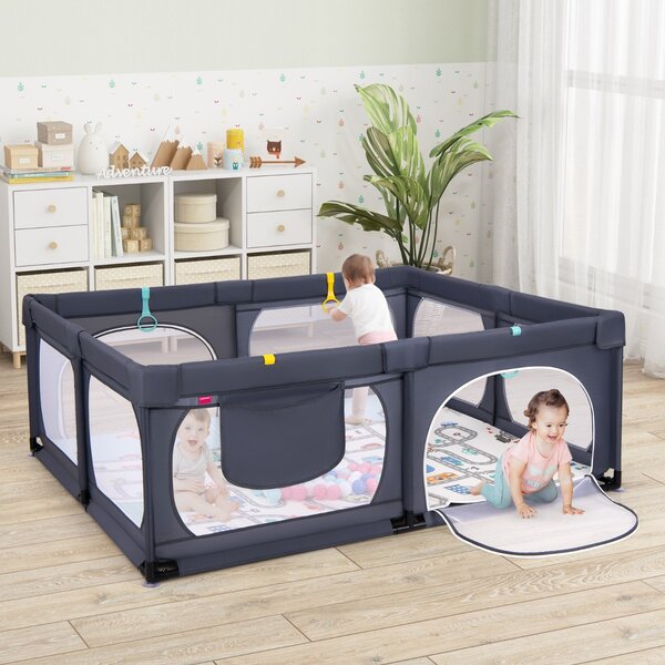 Costway Box per bambini con materassino 4 anelli e 50 palline colorate, Recinto per bambini grande 189x158cm Grigio scuro