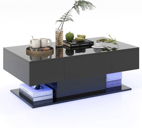Costway Tavolino da caffè moderno con 20 luci LED a colori e 2 cassetti portaoggetti, Tavolino d'accento a 2 piani Nero