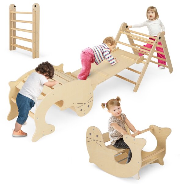 Costway Set di arrampicate 3-in-1 per bambini, Arrampicatore pieghevole in legno con scivolo reversibile dondolo Naturale