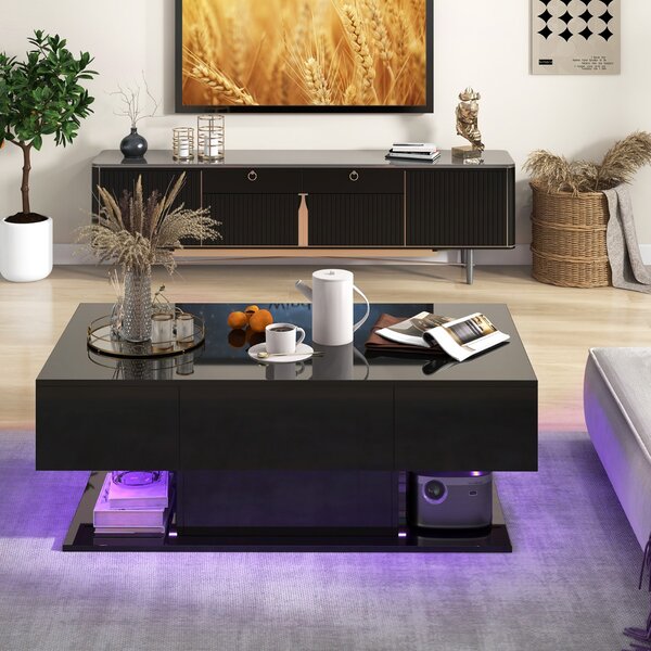 Costway Tavolino da caffè moderno con 20 luci LED a colori e 2 cassetti portaoggetti, Tavolino d'accento a 2 piani Nero