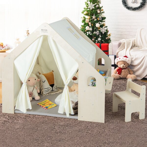 Costway Tenda da gioco per bambini 6-in-1 in legno per interni con lavagna scrivania sedia, Casetta da gioco in legno Beige