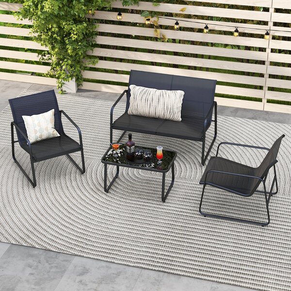 Costway Set di mobili da patio con tavolino in vetro temperato, Set da conversazione per esterni con telaio metallico Nero