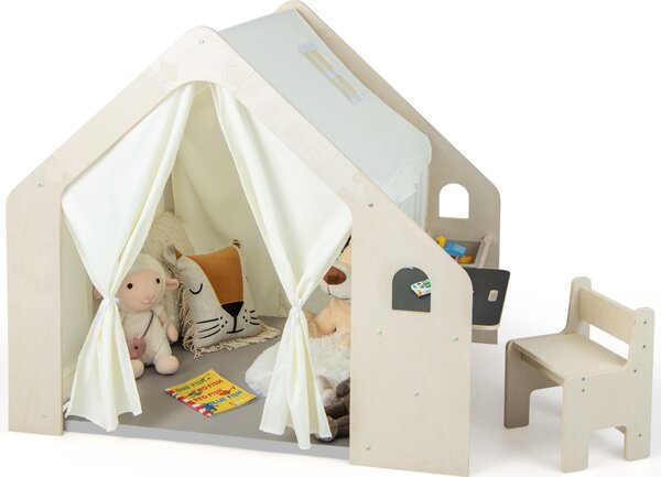 Costway Tenda da gioco per bambini 6-in-1 in legno per interni con lavagna scrivania sedia, Casetta da gioco in legno Beige