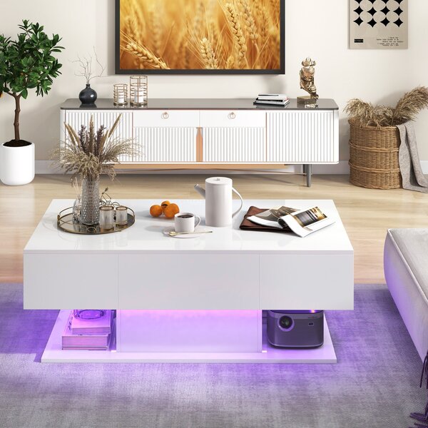 Costway Tavolino da caffè moderno con 20 luci LED a colori e 2 cassetti portaoggetti, Tavolino d'accento a 2 piani Bianco