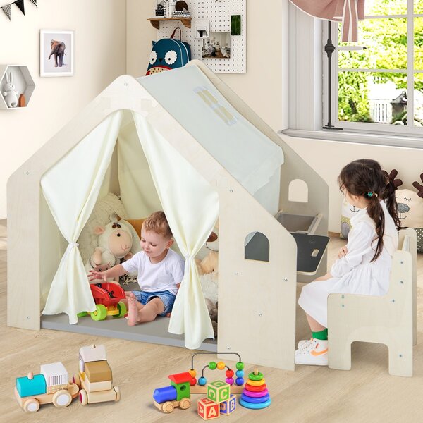 Costway Tenda da gioco per bambini 6-in-1 in legno per interni con lavagna scrivania sedia, Casetta da gioco in legno Beige