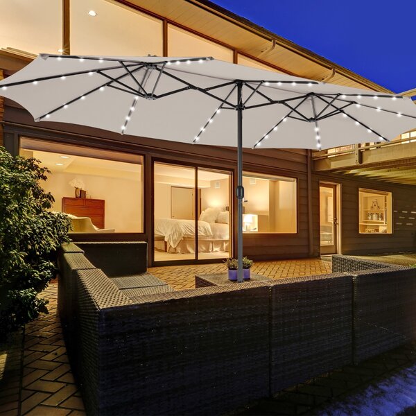 Costway Ombrellone a doppio lato con 48 luci LED solari da 470cm, Ombrello da patio con pannello solare auto-caricante Beige