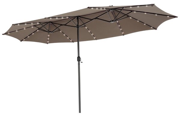Costway Ombrellone gemello da 470cm con 48 luci LED, Ombrello da esterno a doppio lato con pannello solare auto-caricante Caffè