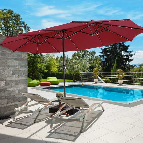 Costway Ombrellone a doppio lato con 48 luci LED solari da 470cm, Ombrello da patio con pannello solare auto-caricante Vino