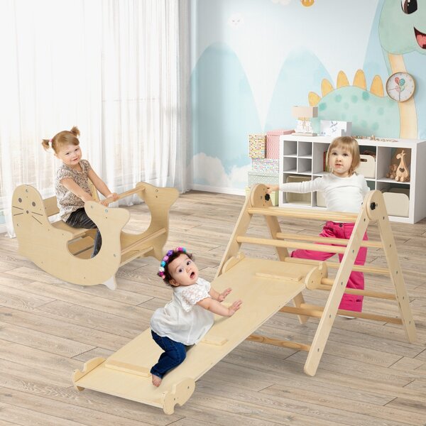 Costway Set di arrampicate 3-in-1 per bambini, Arrampicatore pieghevole in legno con scivolo reversibile dondolo Naturale