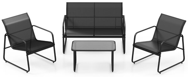 Costway Set di mobili da patio con tavolino in vetro temperato, Set da conversazione per esterni con telaio metallico Nero