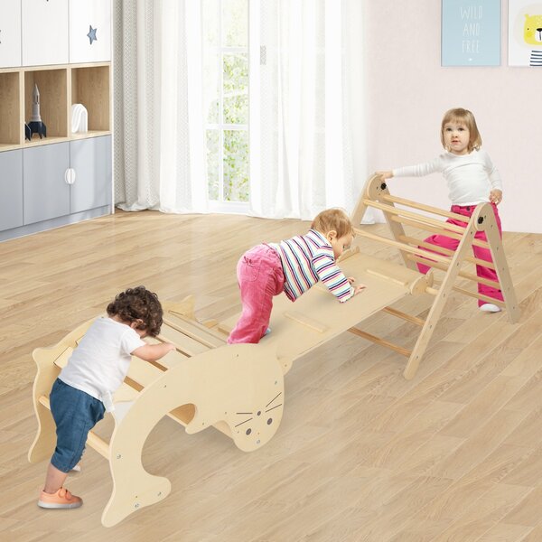 Costway Set di arrampicate 3-in-1 per bambini, Arrampicatore pieghevole in legno con scivolo reversibile dondolo Naturale