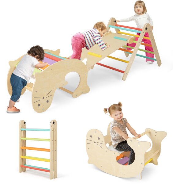 Costway Set di arrampicate 3-in-1 per bambini, Arrampicatore pieghevole in legno con scivolo reversibile dondolo Colorato