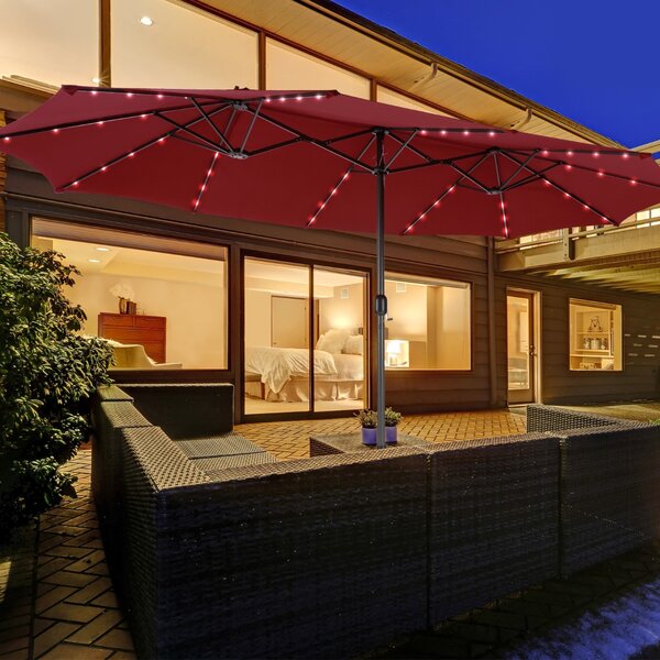 Costway Ombrellone a doppio lato con 48 luci LED solari da 470cm, Ombrello da patio con pannello solare auto-caricante Vino
