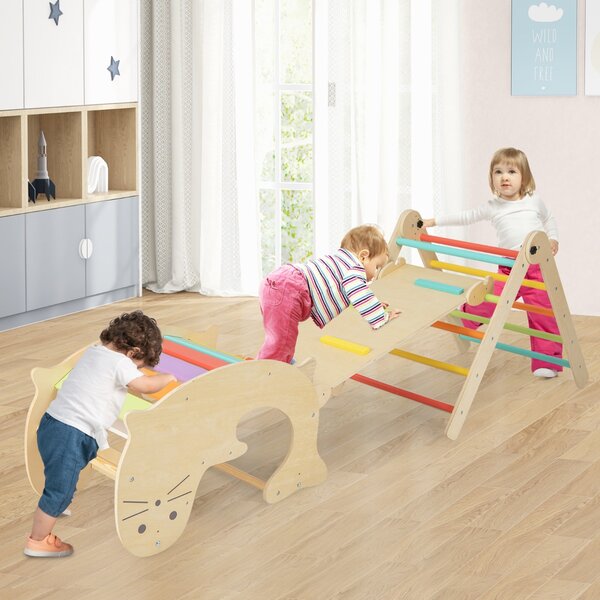 Costway Set di arrampicate 3-in-1 per bambini, Arrampicatore pieghevole in legno con scivolo reversibile dondolo Colorato