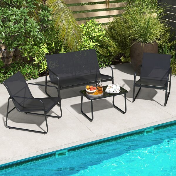 Costway Set di mobili da patio con tavolino in vetro temperato, Set da conversazione per esterni con telaio metallico Nero