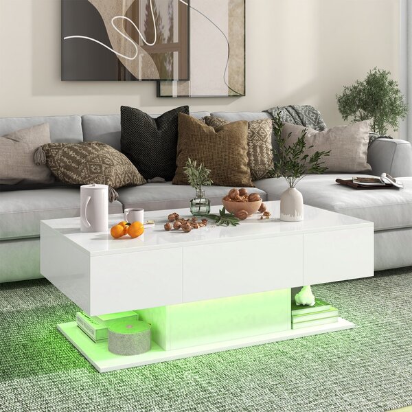 Costway Tavolino da caffè moderno con 20 luci LED a colori e 2 cassetti portaoggetti, Tavolino d'accento a 2 piani Bianco