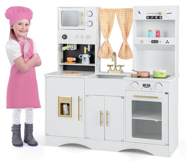 Costway Set da cucina per bambini con microonde macchina del caffè, Cucina giocattolo in legno per piccoli chef 3+ anni Bianco