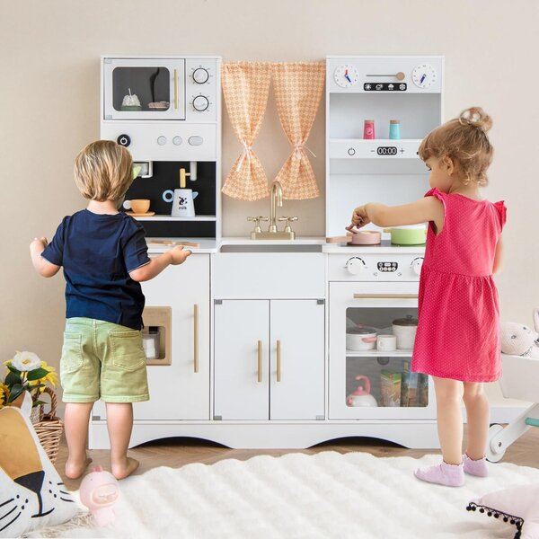Costway Set da cucina per bambini con microonde macchina del caffè, Cucina giocattolo in legno per piccoli chef 3+ anni Bianco