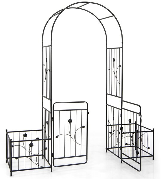Costway Gazebo da giardino di 220cm con cancello bloccabile, Archetto in metallo con fioriere laterali per piante rampicanti Nero