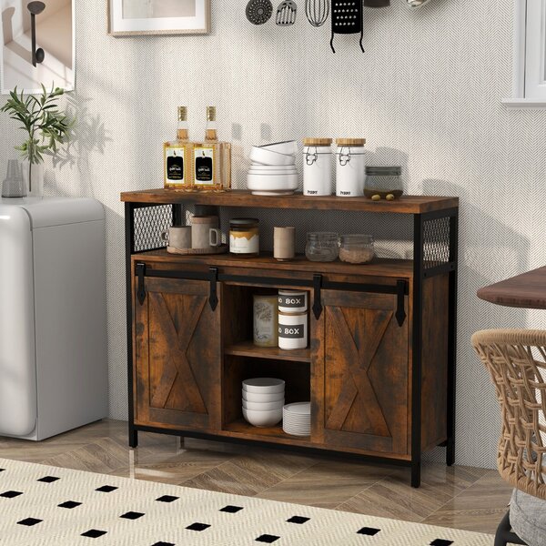 Costway Mobile credenza con ante scorrevoli 3 ripiani regolabili e scomparti aperti, Mobile bar caffè stile rustico Marrone
