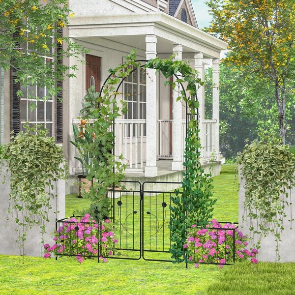 Costway Gazebo da giardino di 220cm con cancello bloccabile, Archetto in metallo con fioriere laterali per piante rampicanti Nero