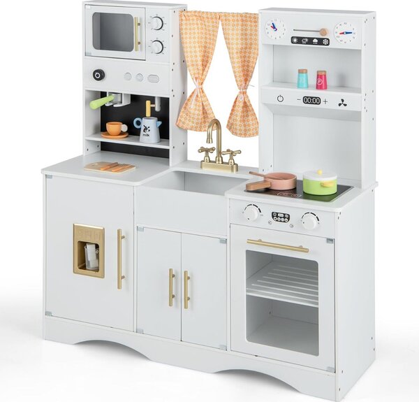 Costway Set da cucina per bambini con microonde macchina del caffè, Cucina giocattolo in legno per piccoli chef 3+ anni Bianco