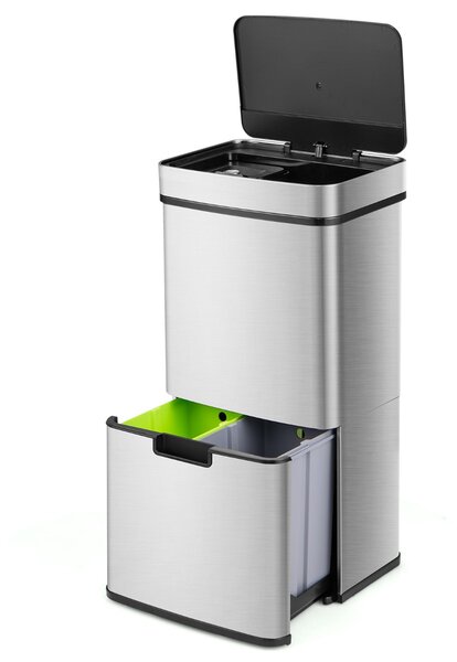 Costway Cestino per rifiuti in acciaio inox 72L, Bidone della spazzatura da cucina con sensore di movimento 2 cestini Argento