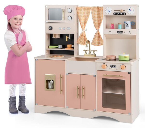 Costway Set da cucina per bambini con microonde macchina del caffè, Cucina giocattolo in legno per piccoli chef 3+ anni Rosa