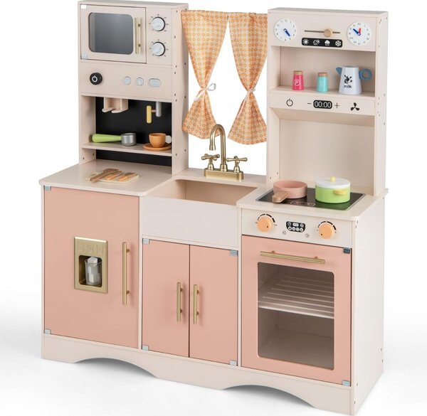 Costway Set da cucina per bambini con microonde macchina del caffè, Cucina giocattolo in legno per piccoli chef 3+ anni Rosa