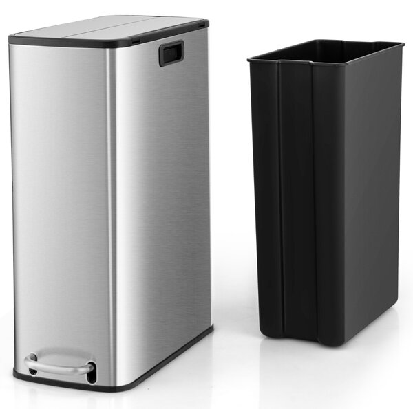 Costway Cestino dell'immondizia in acciaio inox 46L, Bidone per rifiuti con ali a bloccaggio morbido secchio rimovibile Argento