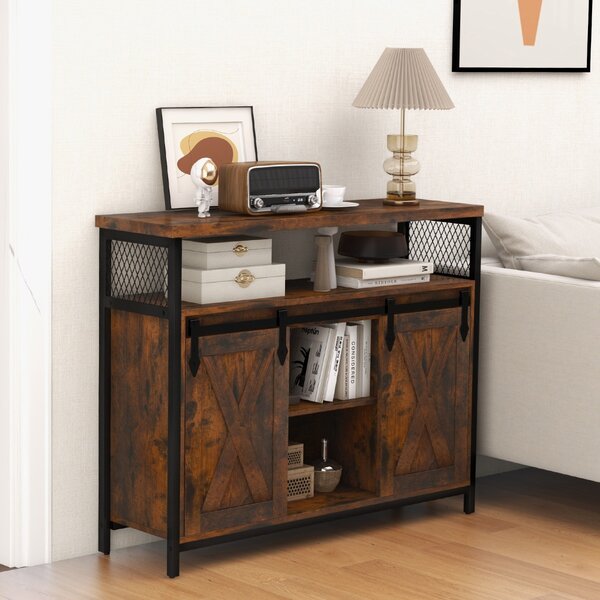 Costway Mobile credenza con ante scorrevoli 3 ripiani regolabili e scomparti aperti, Mobile bar caffè stile rustico Marrone