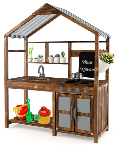 Costway Cucina di fango con tettoia rubinetto girevole e lavello rimovibile, Set da cucina per bambini 3-7 anni Naturale