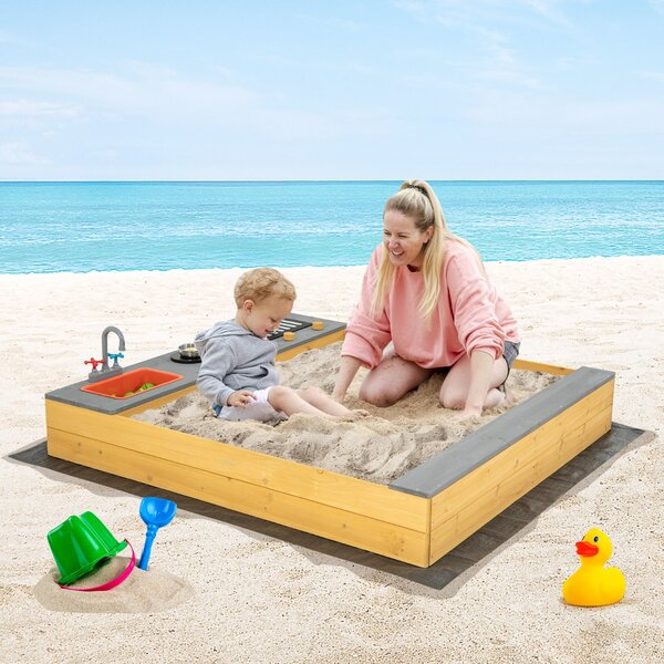 Costway Sabbiera in legno con accessori da cucina e panca, Area giochi per bambini con rivestimento inferiore per cortile