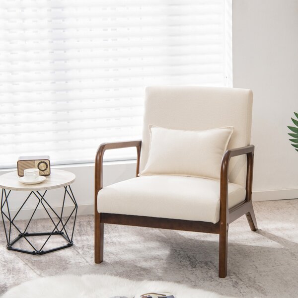 Costway Poltrona imbottita con cuscino lombare e telaio in legno di gomma, Poltrona lounge con piedini antiscivolo Beige