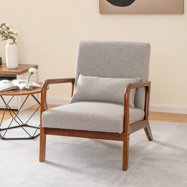 Costway Poltrona imbottita con cuscino lombare e telaio in legno di gomma, Poltrona lounge con piedini antiscivolo Grigio