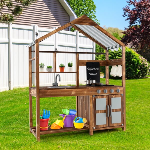 Costway Cucina di fango con tettoia rubinetto girevole e lavello rimovibile, Set da cucina per bambini 3-7 anni Naturale