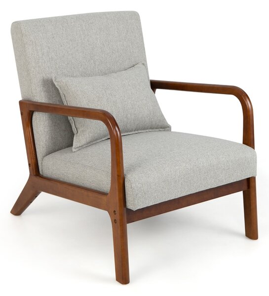 Costway Poltrona imbottita con cuscino lombare e telaio in legno di gomma, Poltrona lounge con piedini antiscivolo Grigio