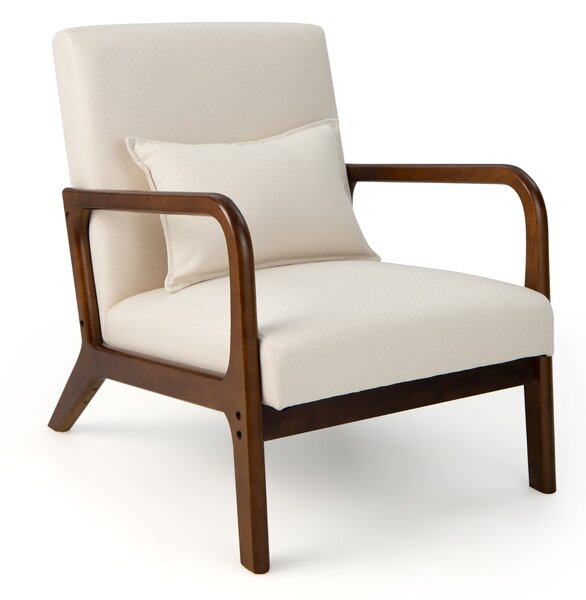 Costway Poltrona imbottita con cuscino lombare e telaio in legno di gomma, Poltrona lounge con piedini antiscivolo Beige
