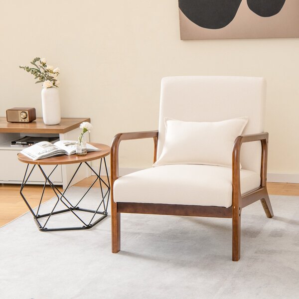 Costway Poltrona imbottita con cuscino lombare e telaio in legno di gomma, Poltrona lounge con piedini antiscivolo Beige