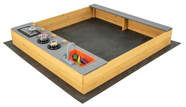 Costway Sabbiera in legno con accessori da cucina e panca, Area giochi per bambini con rivestimento inferiore per cortile