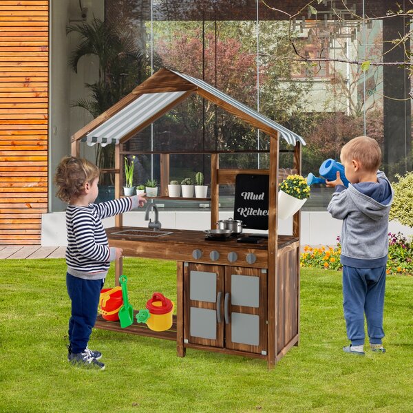 Costway Cucina di fango con tettoia rubinetto girevole e lavello rimovibile, Set da cucina per bambini 3-7 anni Naturale
