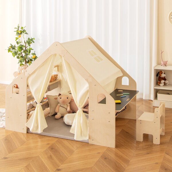 Costway Tenda da gioco per bambini 6-in-1 in legno per interni con lavagna scrivania sedia, Casetta da gioco con tende Beige