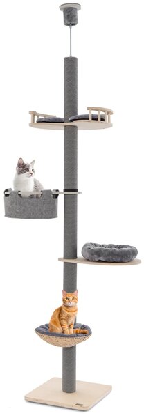 Costway Albero per gatti da pavimento a soffitto con altezza regolabile da 236 a 271 cm, Torre per gatti in legno Grigio