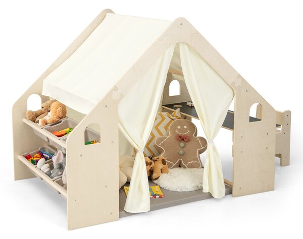 Costway Tenda da gioco per bambini 6-in-1 in legno per interni con lavagna scrivania sedia, Casetta da gioco con tende Beige