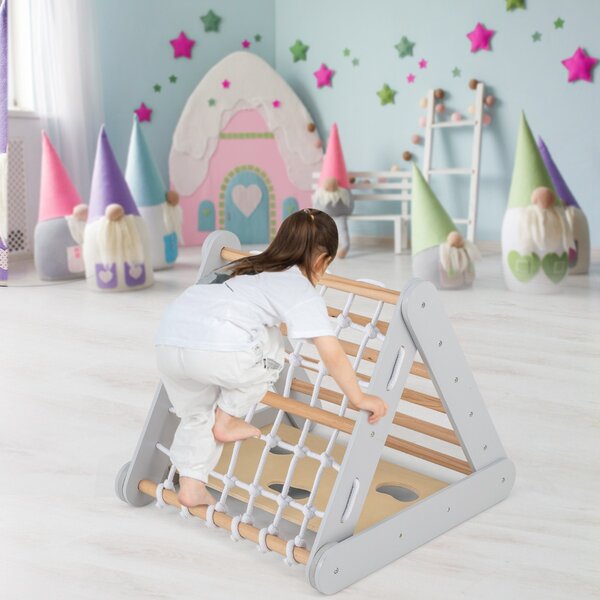 Costway Arrampicata in legno per bambini 4-in-1 con scivolo, Arrampicata a triangolo per interni con rete Grigio