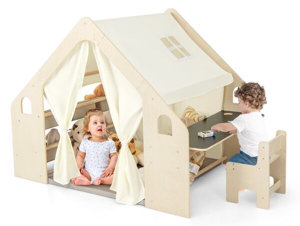 Costway Tenda da gioco per bambini 6-in-1 in legno per interni con lavagna scrivania sedia, Casetta da gioco con tende Beige