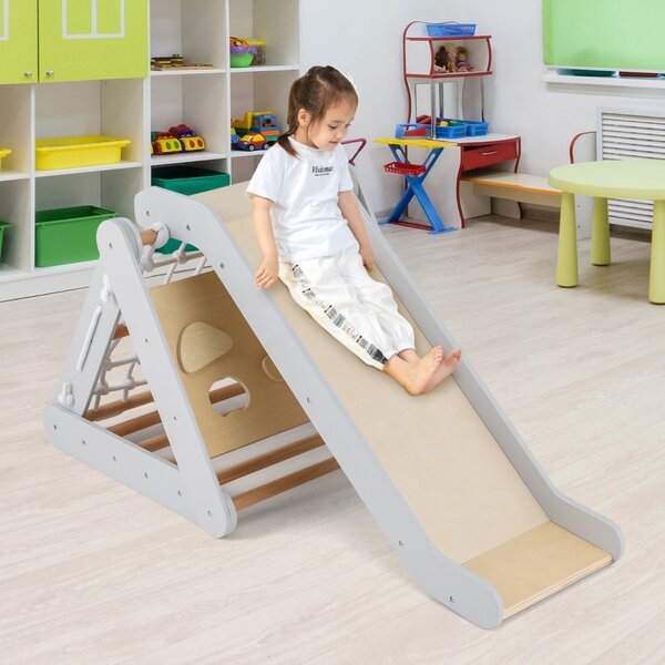 Costway Arrampicata in legno per bambini 4-in-1 con scivolo, Arrampicata a triangolo per interni con rete Grigio