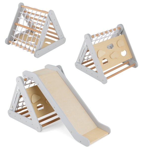 Costway Arrampicata in legno per bambini 4-in-1 con scivolo, Arrampicata a triangolo per interni con rete Grigio