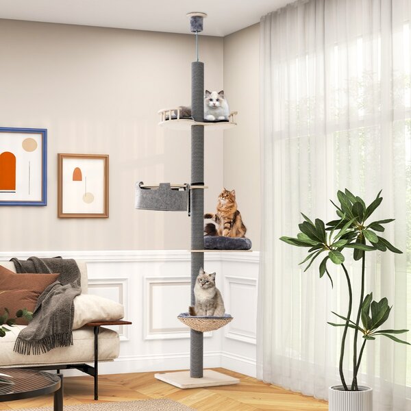 Costway Albero per gatti da pavimento a soffitto con altezza regolabile da 236 a 271 cm, Torre per gatti in legno Grigio