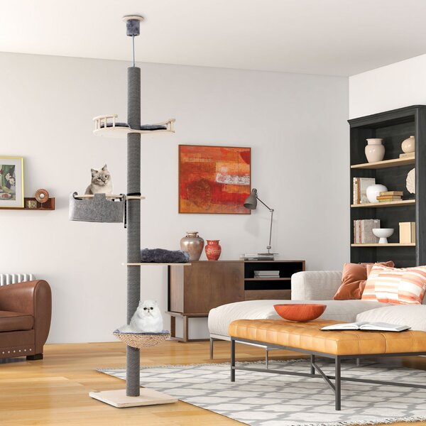Costway Albero per gatti da pavimento a soffitto con altezza regolabile da 236 a 271 cm, Torre per gatti in legno Grigio